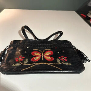 Francesco Biasia Black Leather Embroidered Handbag